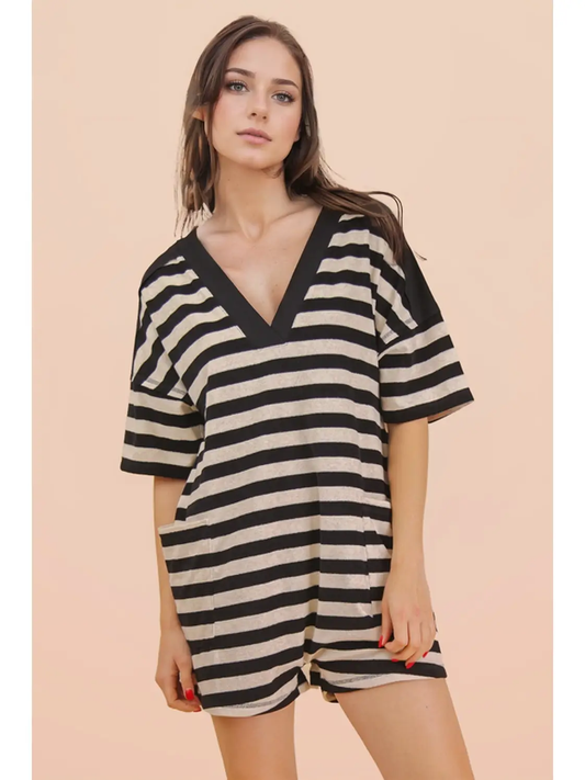 BLACK & OAT STRIPED CASUAL KNIT ROMPER