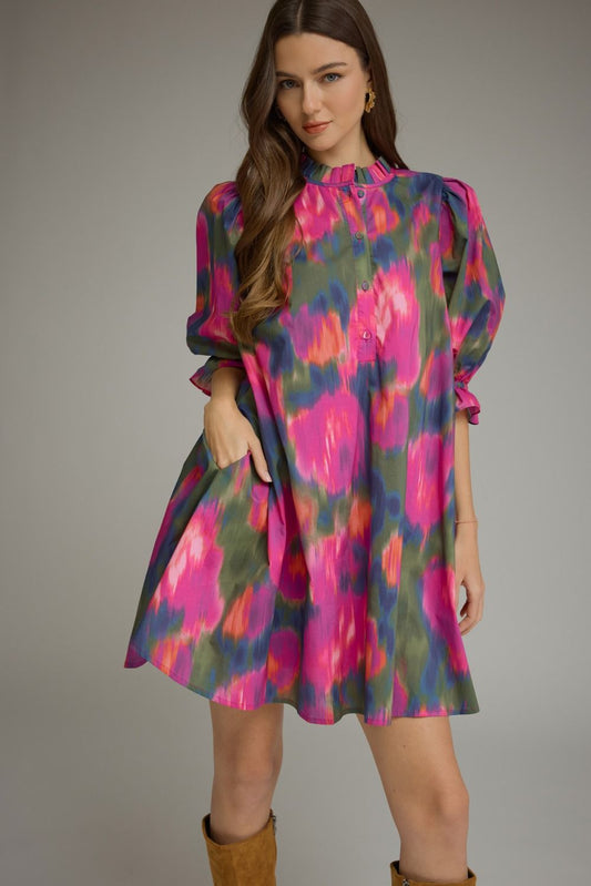 MAGENTA PRINTED PUFF SLEEVE RUFFLED MOCK NECK MINI DRESS