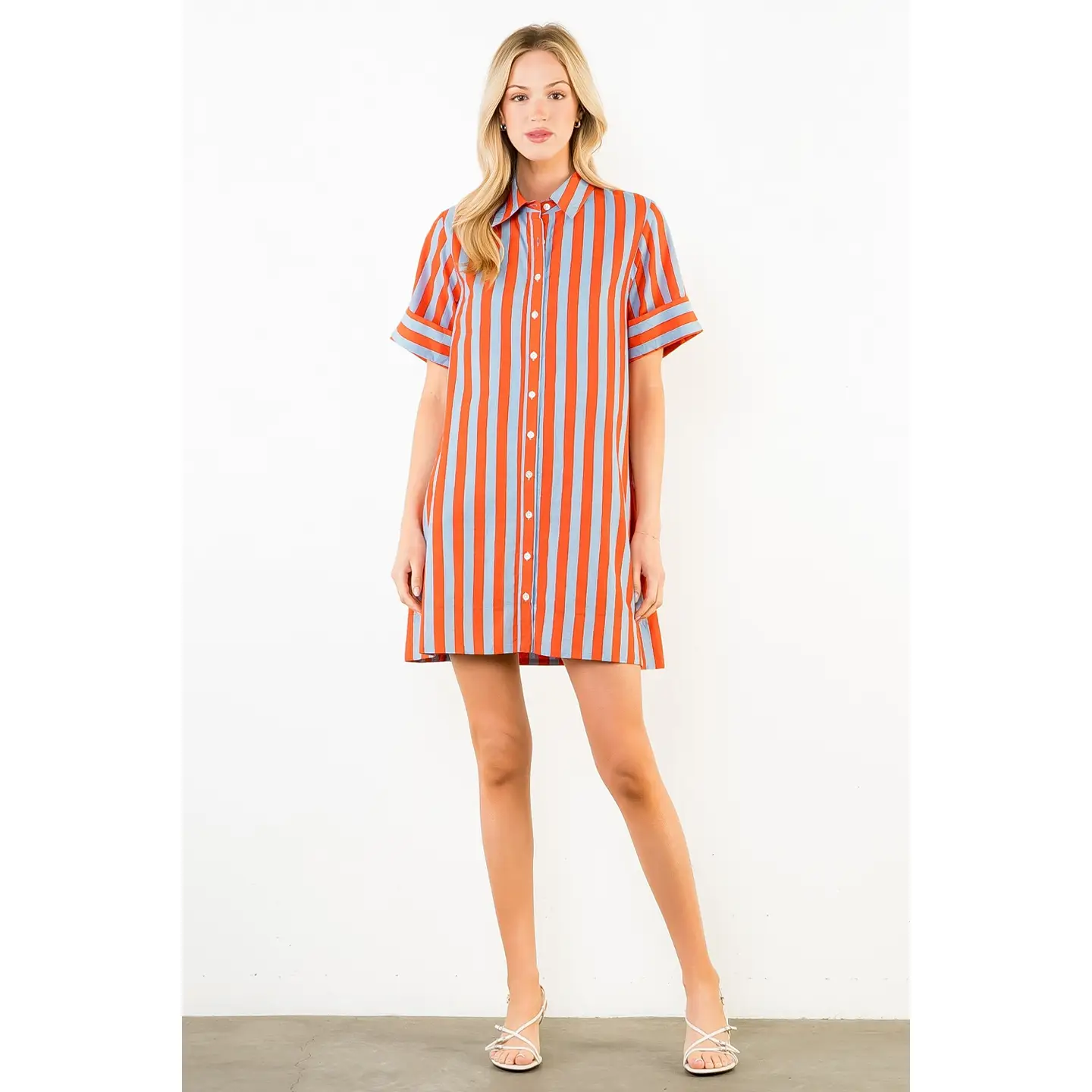 SHORT SLEEVE STRIPED BUTTON UP DRESS