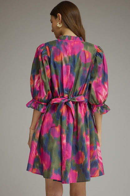 MAGENTA PRINTED PUFF SLEEVE RUFFLED MOCK NECK MINI DRESS