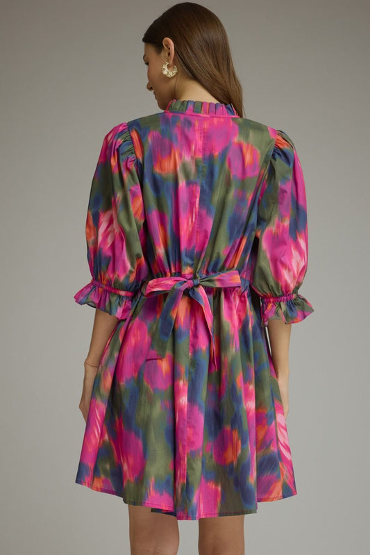 MAGENTA PRINTED PUFF SLEEVE RUFFLED MOCK NECK MINI DRESS