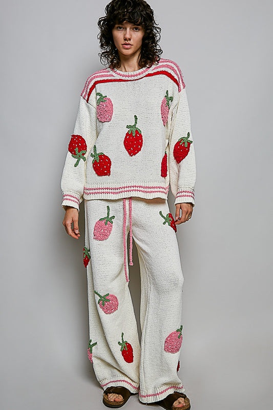 CREAM MULTI STRIPE STRAWBERRY 2PC SWEATER & PANTS SET