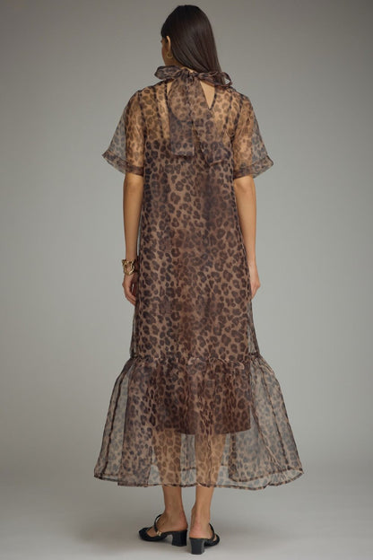 BROWN LEOPARD PRINT  SHORT SLEEVE MIDI DRESS WITH HIGH NECK & BACK TIE DETAIL (Copy)