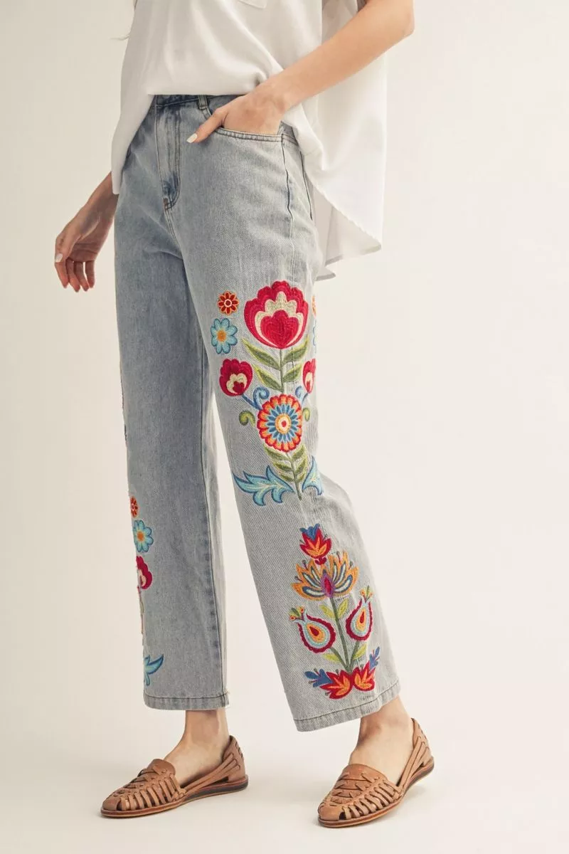 EMBROIDERED WASHED DENIM PANTS