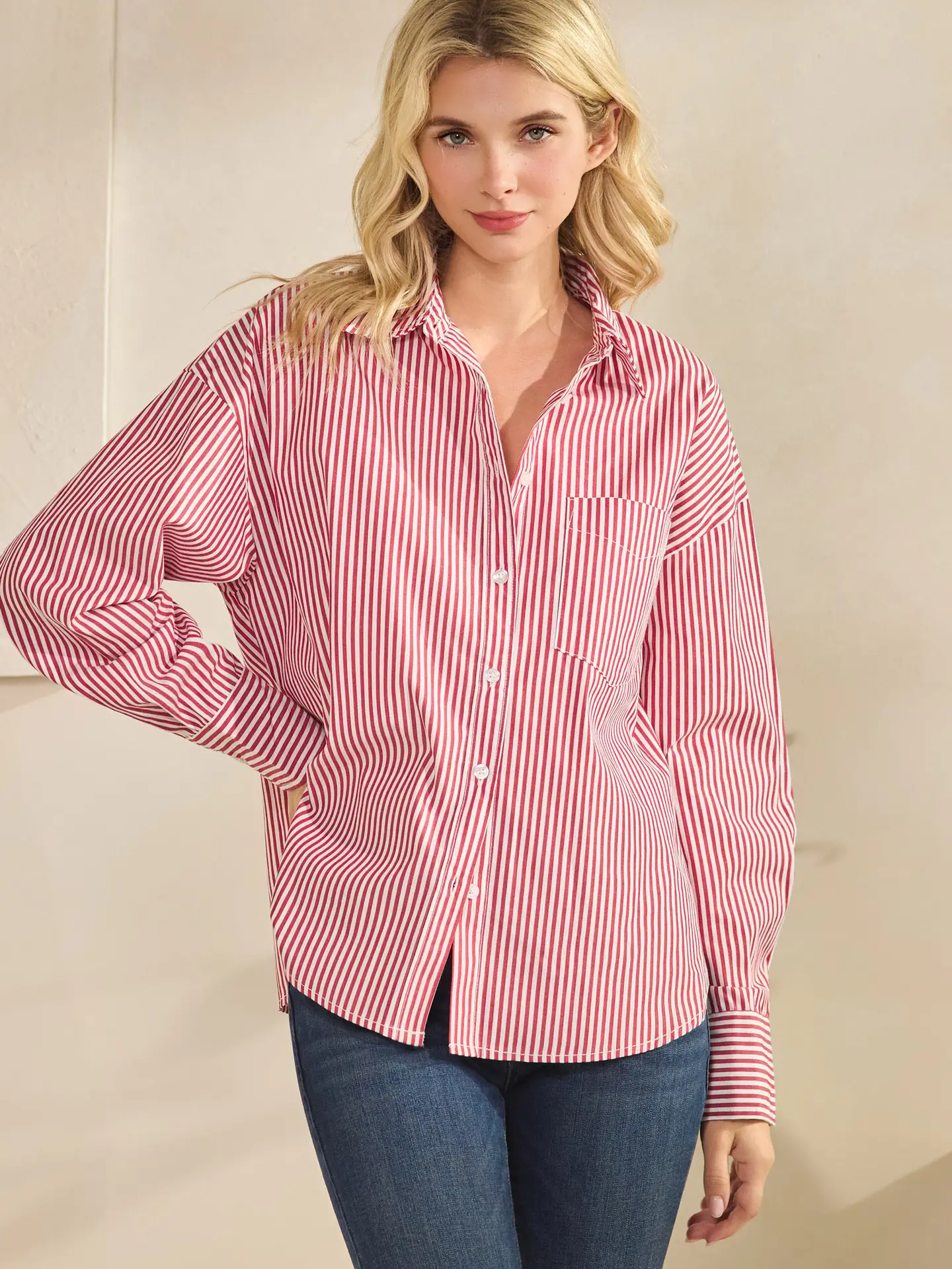 STRIPE BUTTON UP SHIRT WITH LEFT CHEST POCKET