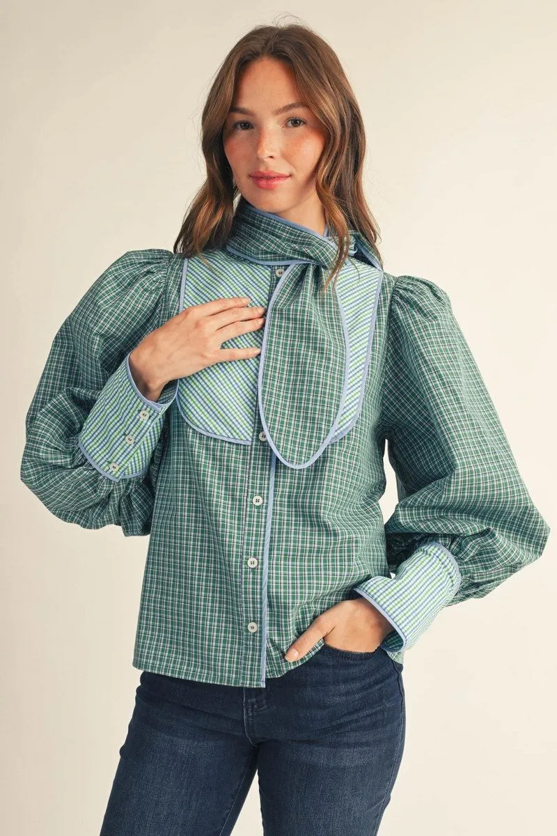 GREEN MIX BUTTON DOWN PLAID SHIRT WITH NECK ACCENT