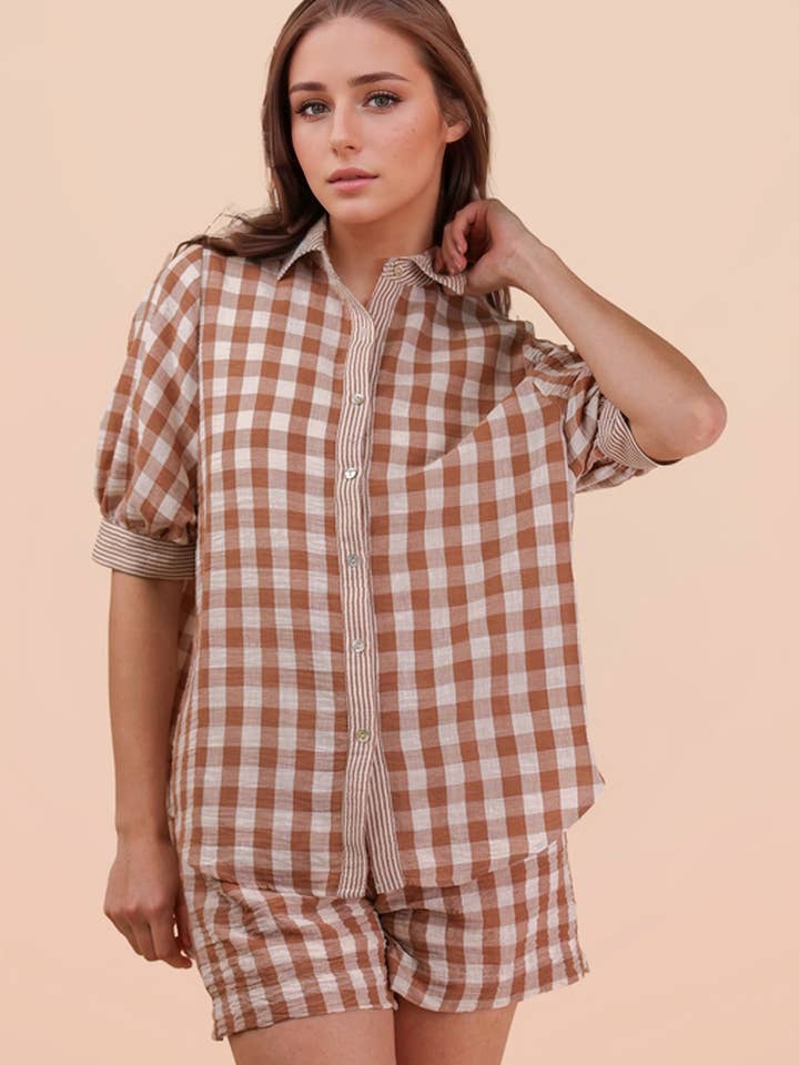 MOCHA CHECKERED 2PC SHORT SET
