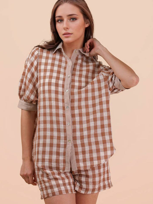 MOCHA CHECKERED 2PC SHORT SET