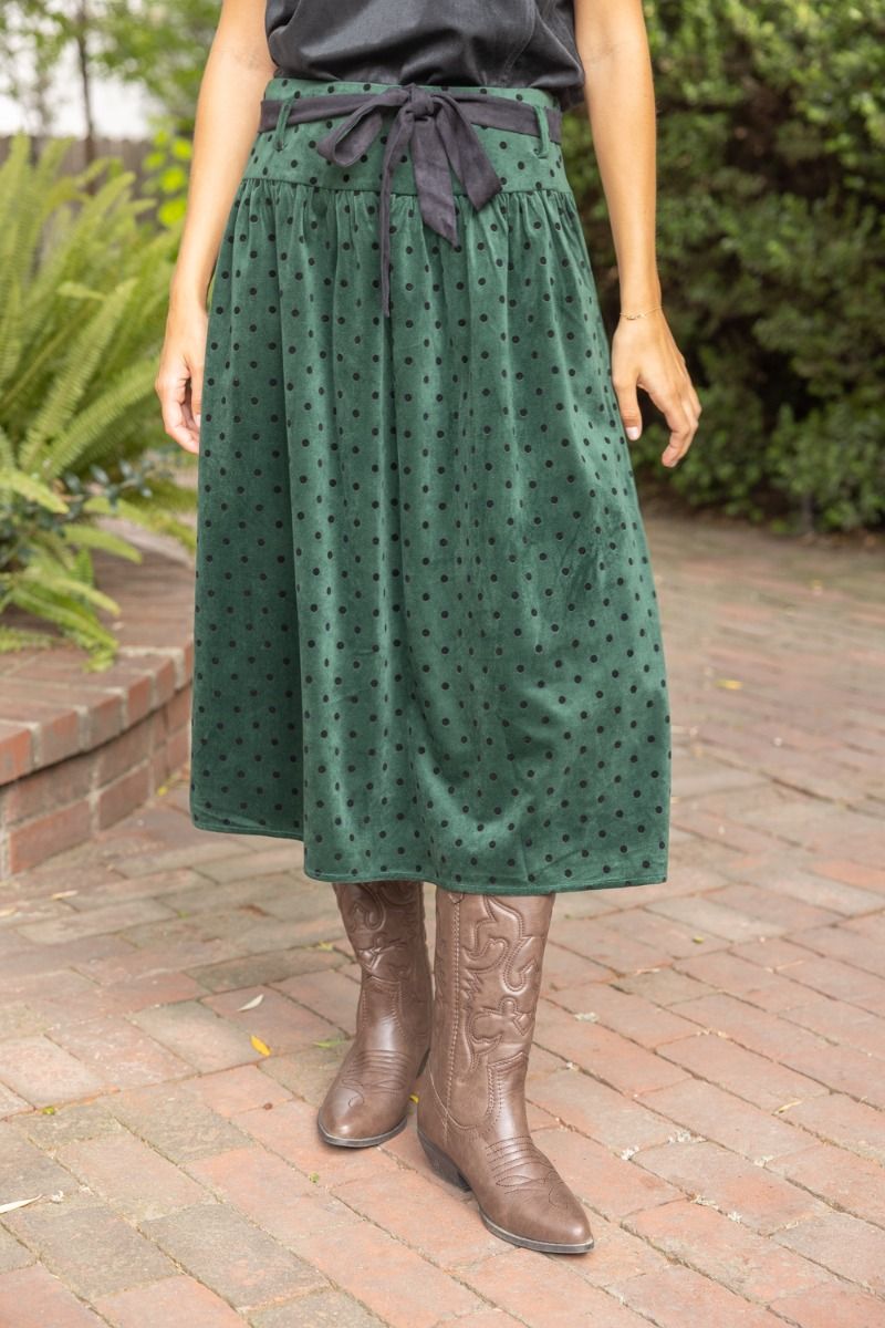GREEN CONTRAST RIBBON BELT POLKA DOT MIDI VELVET SKIRT
