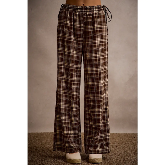 BROWN PLAID CHECK STRAIGHT LEG PANTS W/WAIST TIE RIBBON