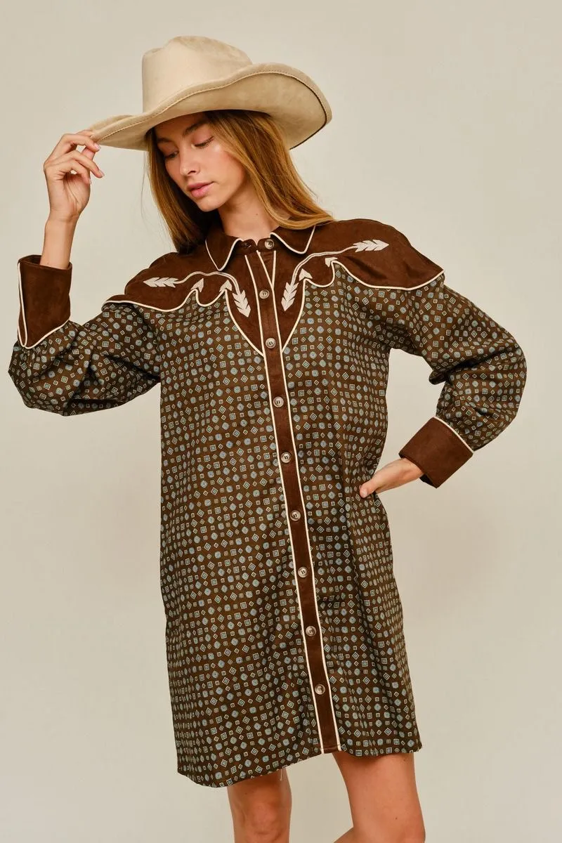 BROWN MIX PATER WESTER STYLE DRESS WITH FAUX SUEDE CONTRAST DETAIL
