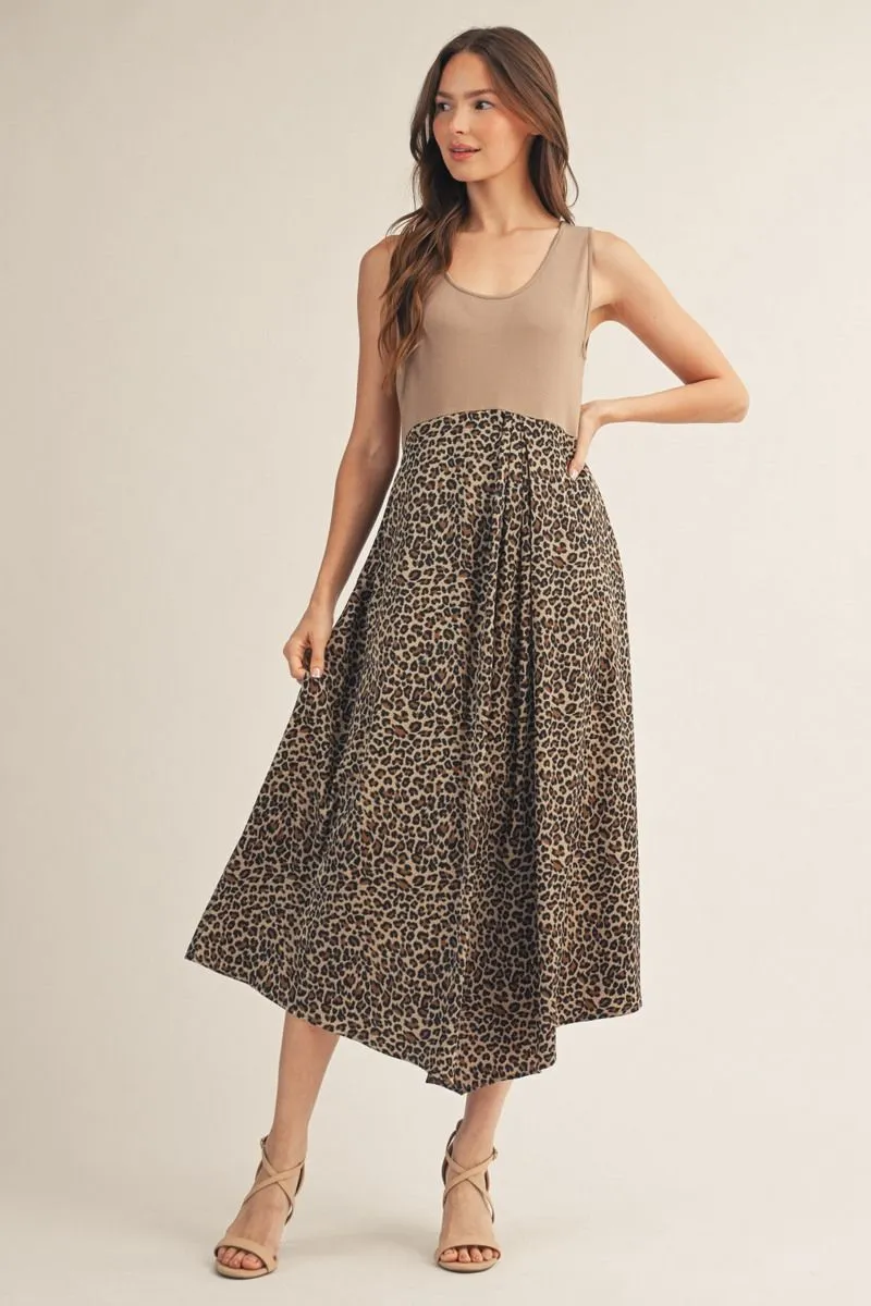 LEOPARD SLEEVELESS ASYMMETRICAL HEM MIDI DRESS