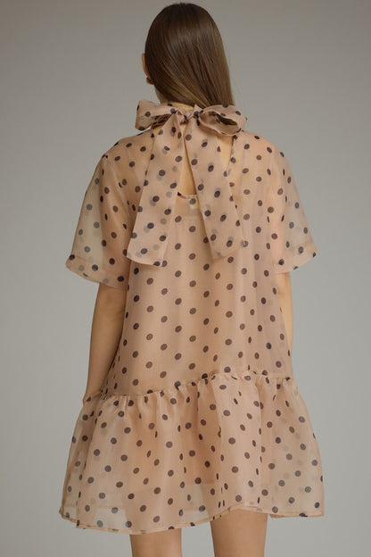 ECRU POLKA DOT SHORT SLEEVE MINI DRESS WITH HIGH NECK & BACK TIE DETAIL