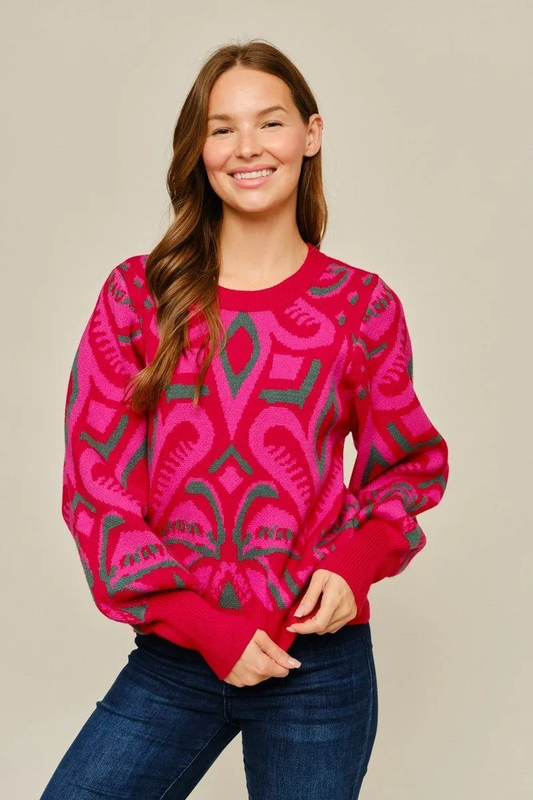 RED MIX LONG PUFF SLEEVE ABSTRACT PATTERN SWEATER