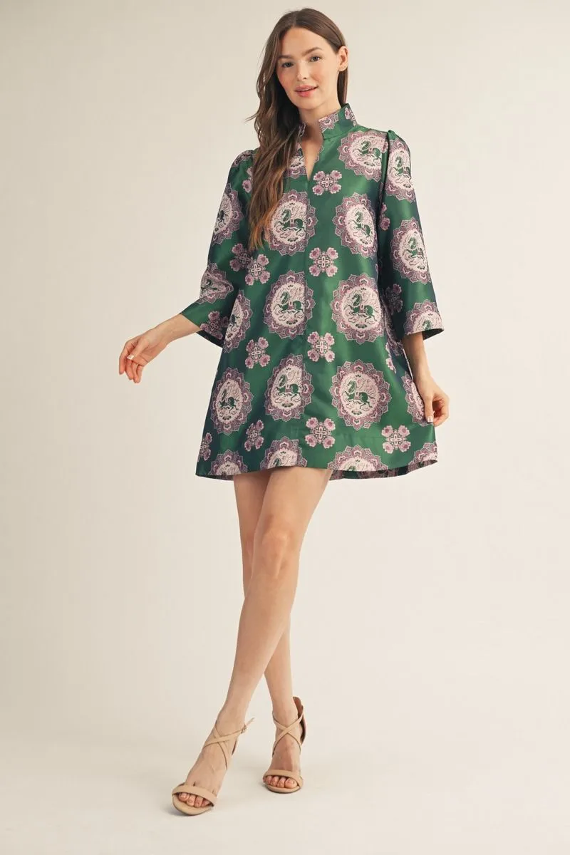 GREEN 3/4 SLEEVE ORIENTAL JACQUARD LOOSE FIT DRESS