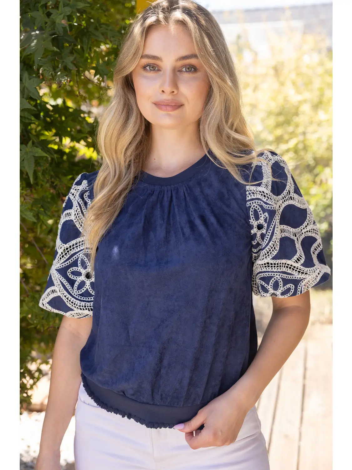 FLORAL EYELET CROCHET BUBBLE SLEEVE SUEDE TOP