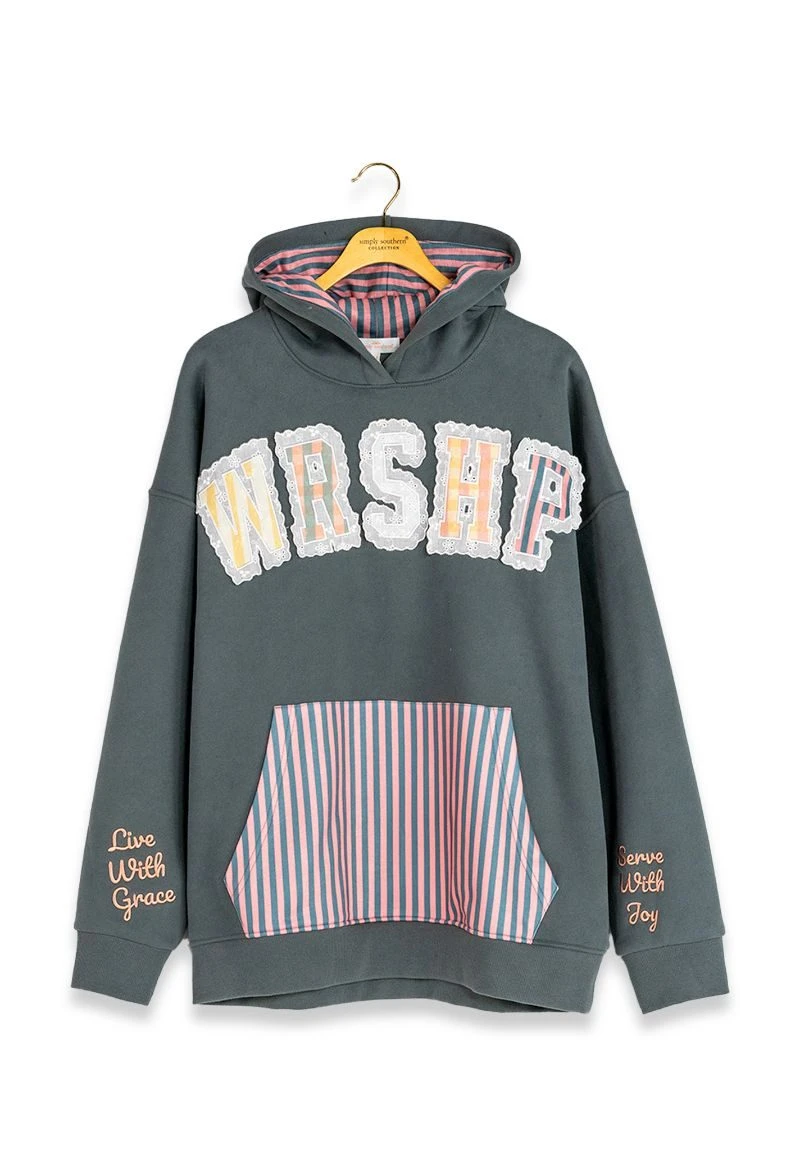 GRAY "WORSHIP" LACE TRIM APPLIQUE HOODIE