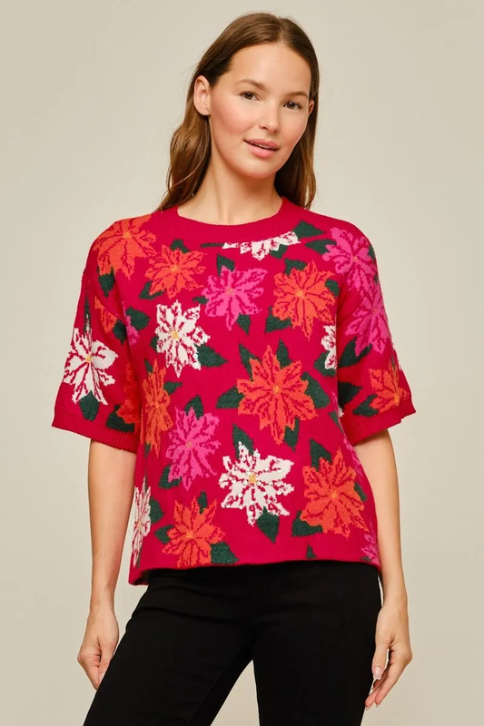 RED SHORT SLEEVE POINSETTIA SWEATER