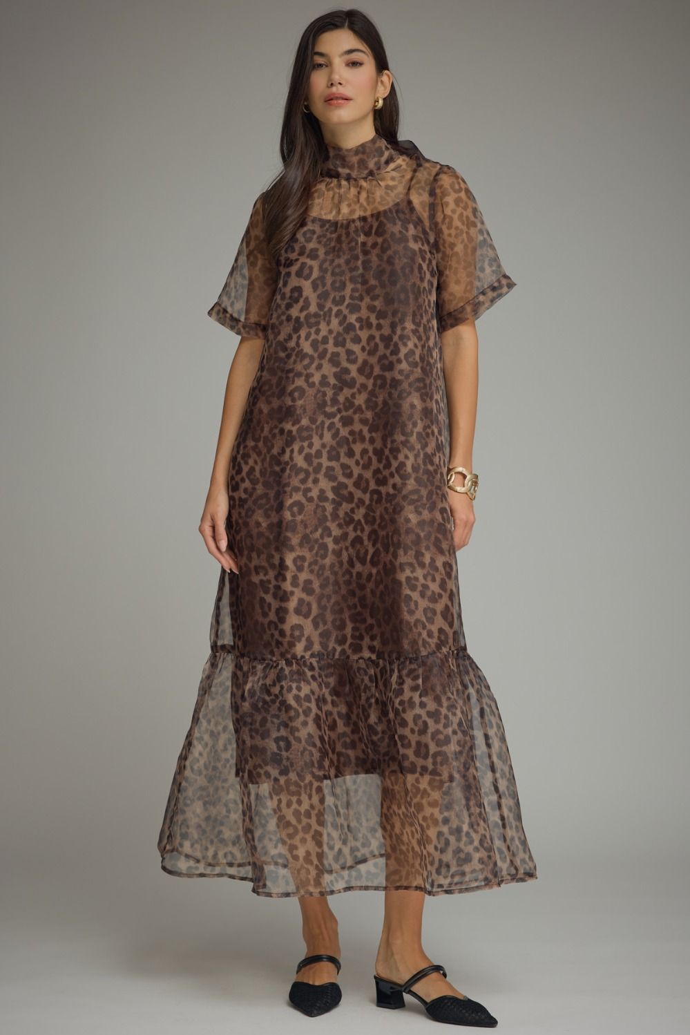 BROWN LEOPARD PRINT  SHORT SLEEVE MIDI DRESS WITH HIGH NECK & BACK TIE DETAIL (Copy)