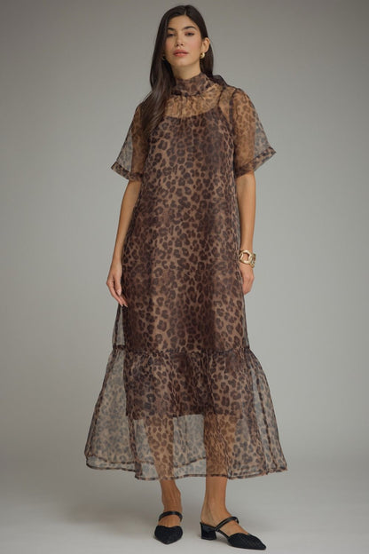 BROWN LEOPARD PRINT  SHORT SLEEVE MIDI DRESS WITH HIGH NECK & BACK TIE DETAIL (Copy)