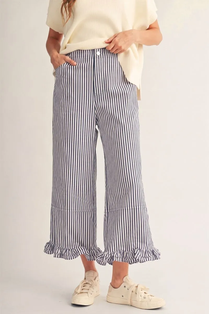DENIM STRIPE WIDE LEG PANTS WITH RUFFLE HEM
