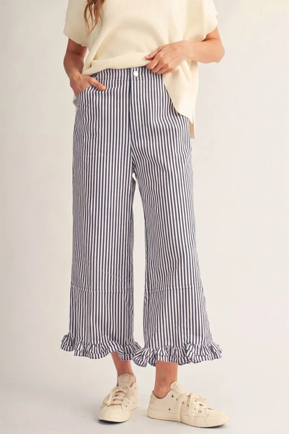 DENIM STRIPE WIDE LEG PANTS WITH RUFFLE HEM