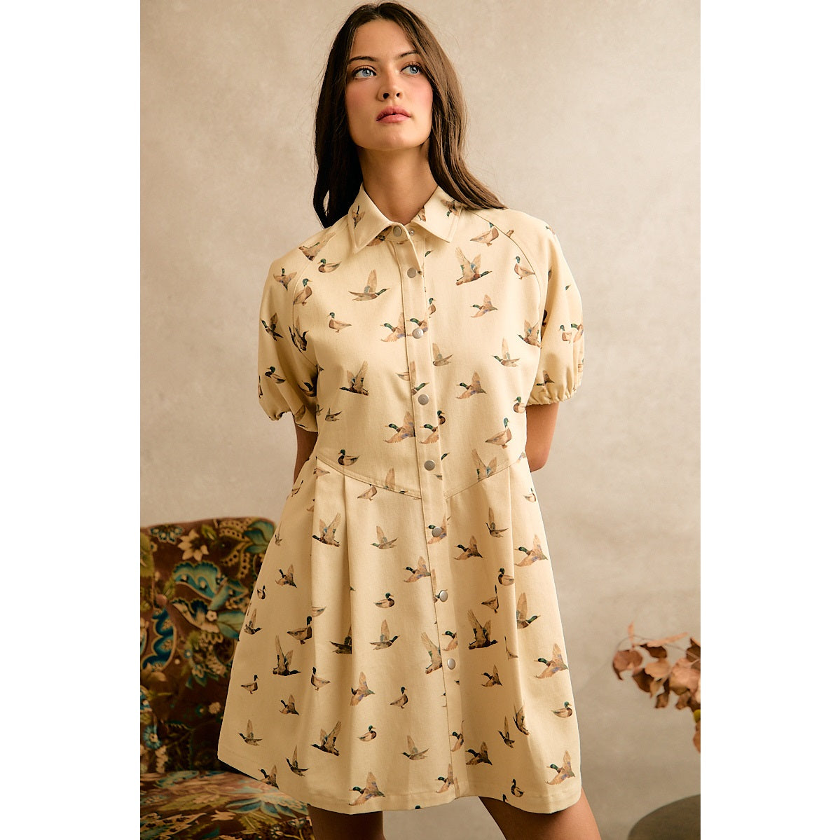MALLARD DUCK PRINT PUFF SLEEVE MINI DRESS