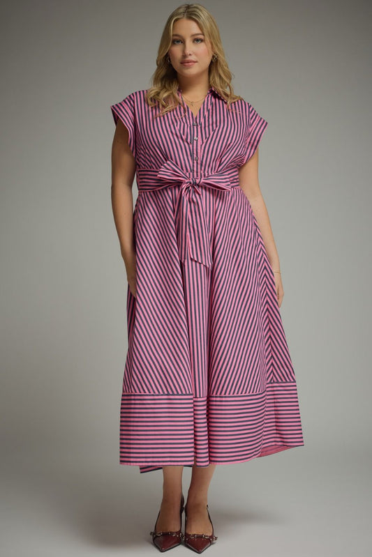 PINK PINE STRIPED CAP SLEEVE MIDI DRESS