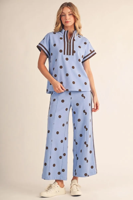 FRONT ZIP POLKA DOT 2PC TOP & PANT SET