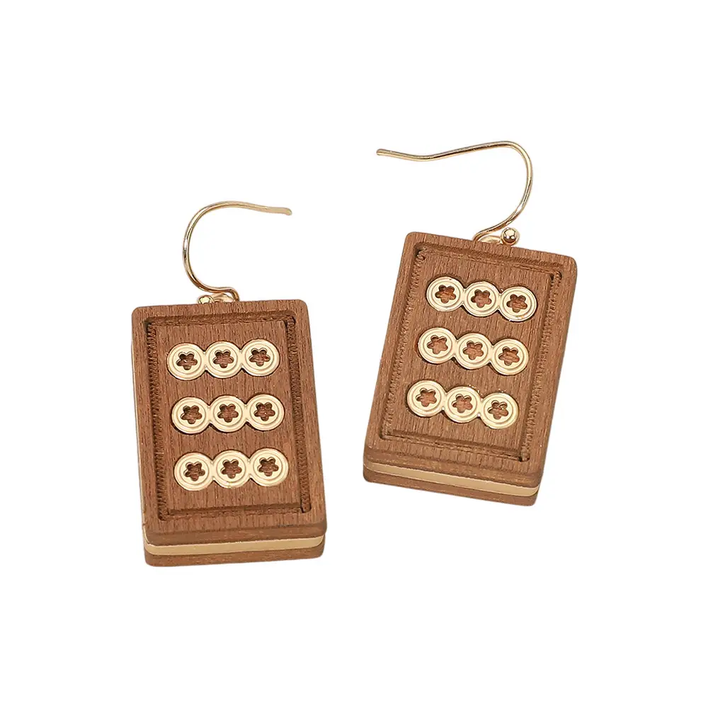 WOODEN MAHJONG TILE CHARM DANGLE EARRINGS
