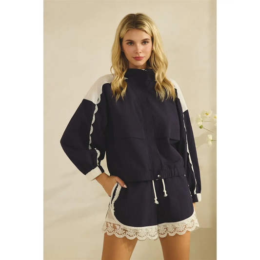 NAVY WITH LACE AND MESH INSET 2PC TRACK JACKET & SHORTS SET