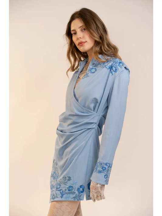 BLUE EMBROIDERED SHOULDER MINI DRESS