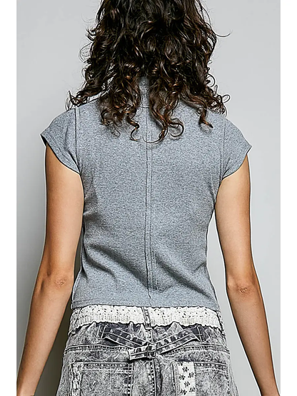 HEATHER GRAY VINTAGE WASH OVERLOCK STITCH MOCK NECK TOP