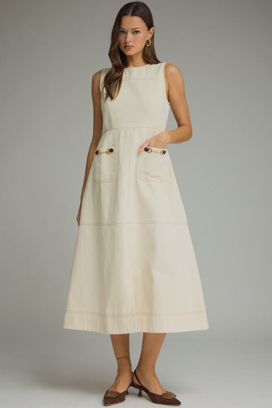 ECRU SLEEVELESS MIDI DRESS W.HORSEBIT ACCENT DETAIL