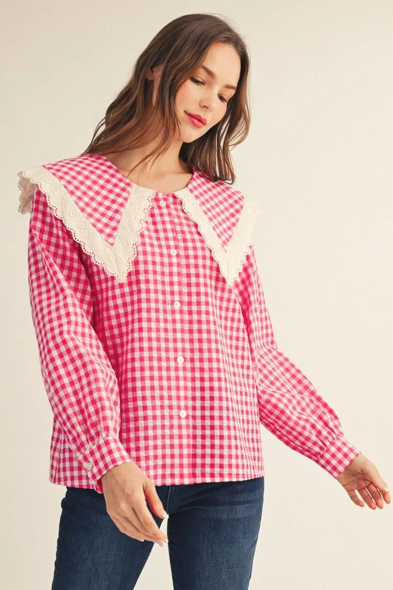 LONG SLEEVE GINGHAM CHECKED TOP WITH LACE DETAIL SAILOR COLLAR