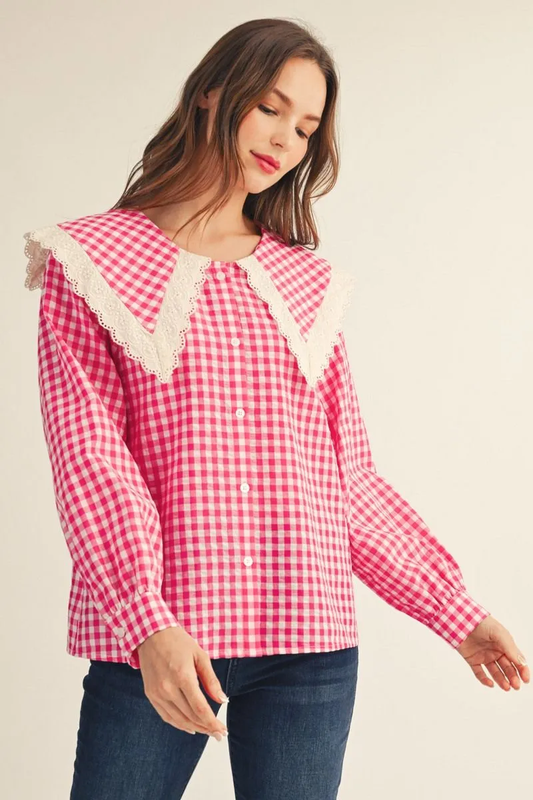 LONG SLEEVE GINGHAM CHECKED TOP WITH LACE DETAIL SAILOR COLLAR
