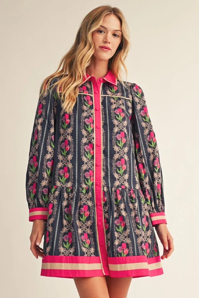 NAVY LONG SLEEVE BUTTON DOWN FLORAL DRESS WITH PINK CONTRAST TRIM