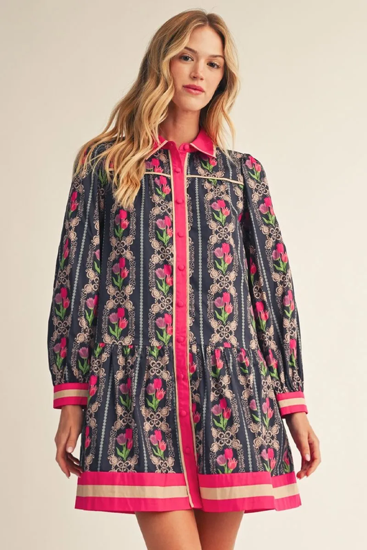 NAVY LONG SLEEVE BUTTON DOWN FLORAL DRESS WITH PINK CONTRAST TRIM
