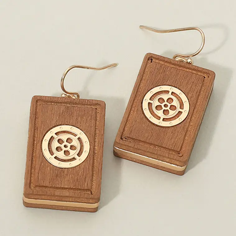 WOODEN MAHJONG TILE CHARM DANGLE EARRINGS
