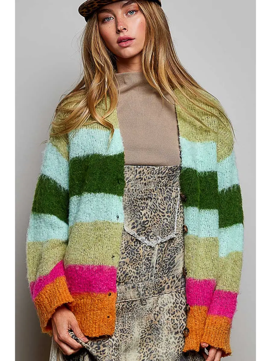 GREEN MULTI STRIPE MOHAIR V-NECK SWEATER CARDIGAN