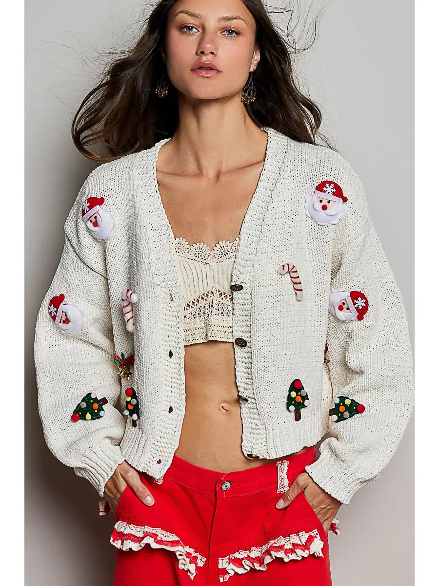 HOLIDAY APPLIQUE BUTTON FRONT CROPPED KNIT CARDIGAN SWEATER