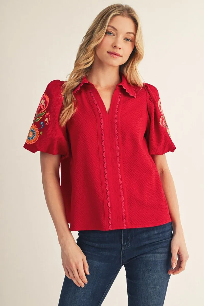 RED SHORT PUFF SLEEVE V NECK EMBROIDERED TOP WITH SCALLOP TRIM