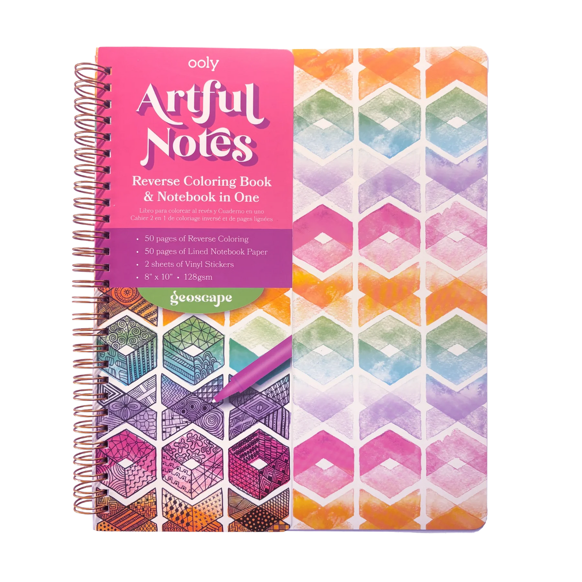 ARTFUL NOTES REVERSE COLORING NOTEBOOK - GEOSCAPE (100 PAGES, 2 STICKER SHEETS)
