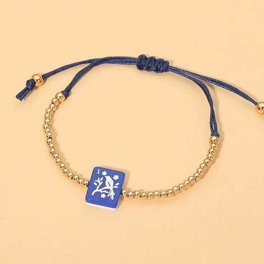 DECORATIVE MAHJONG CHARM BEADED ADJUSTABLE CINCH PULL TIE BRACELET