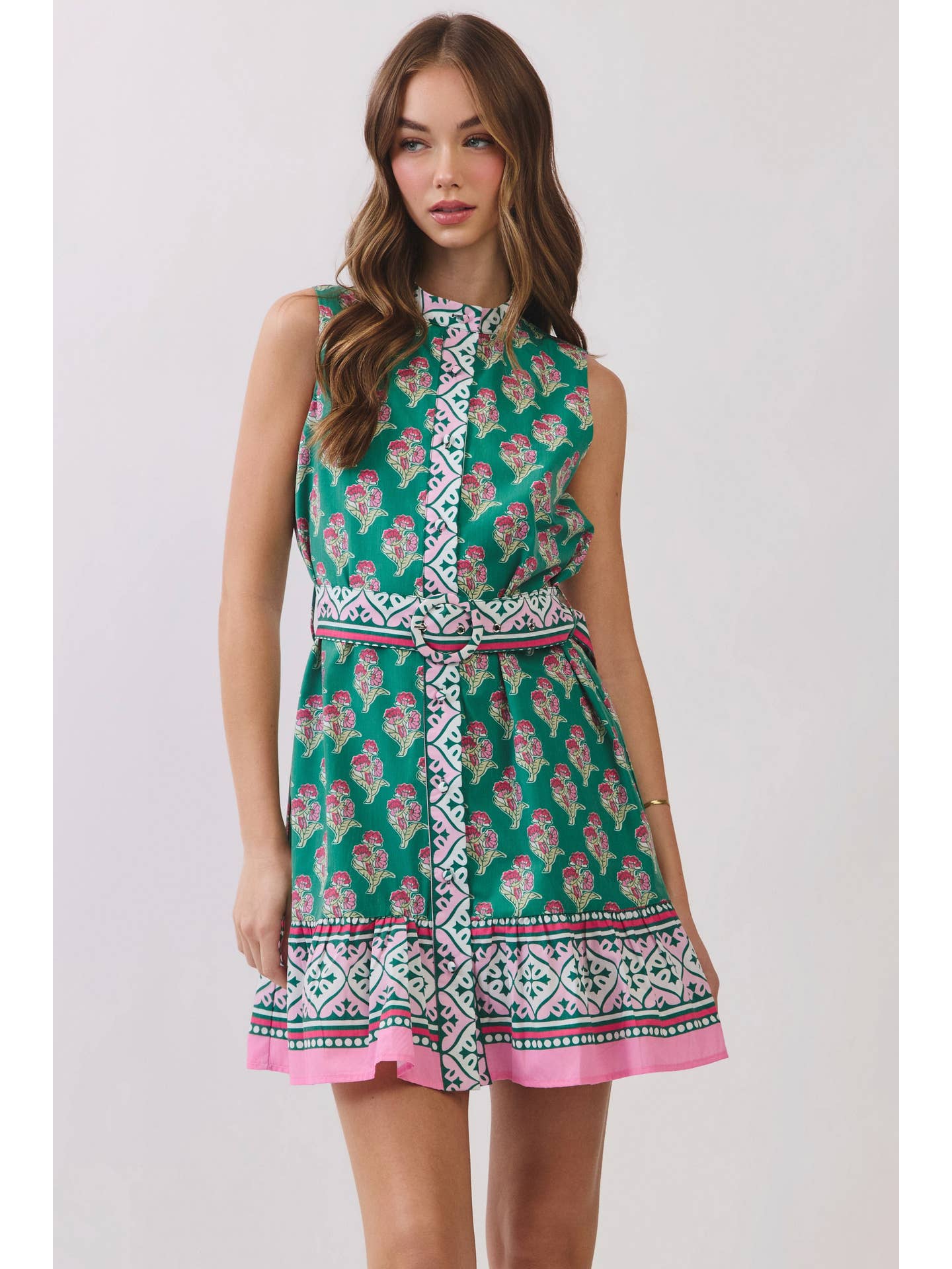GREEN FLORAL BORDER PRINT BELTED MINI DRESS