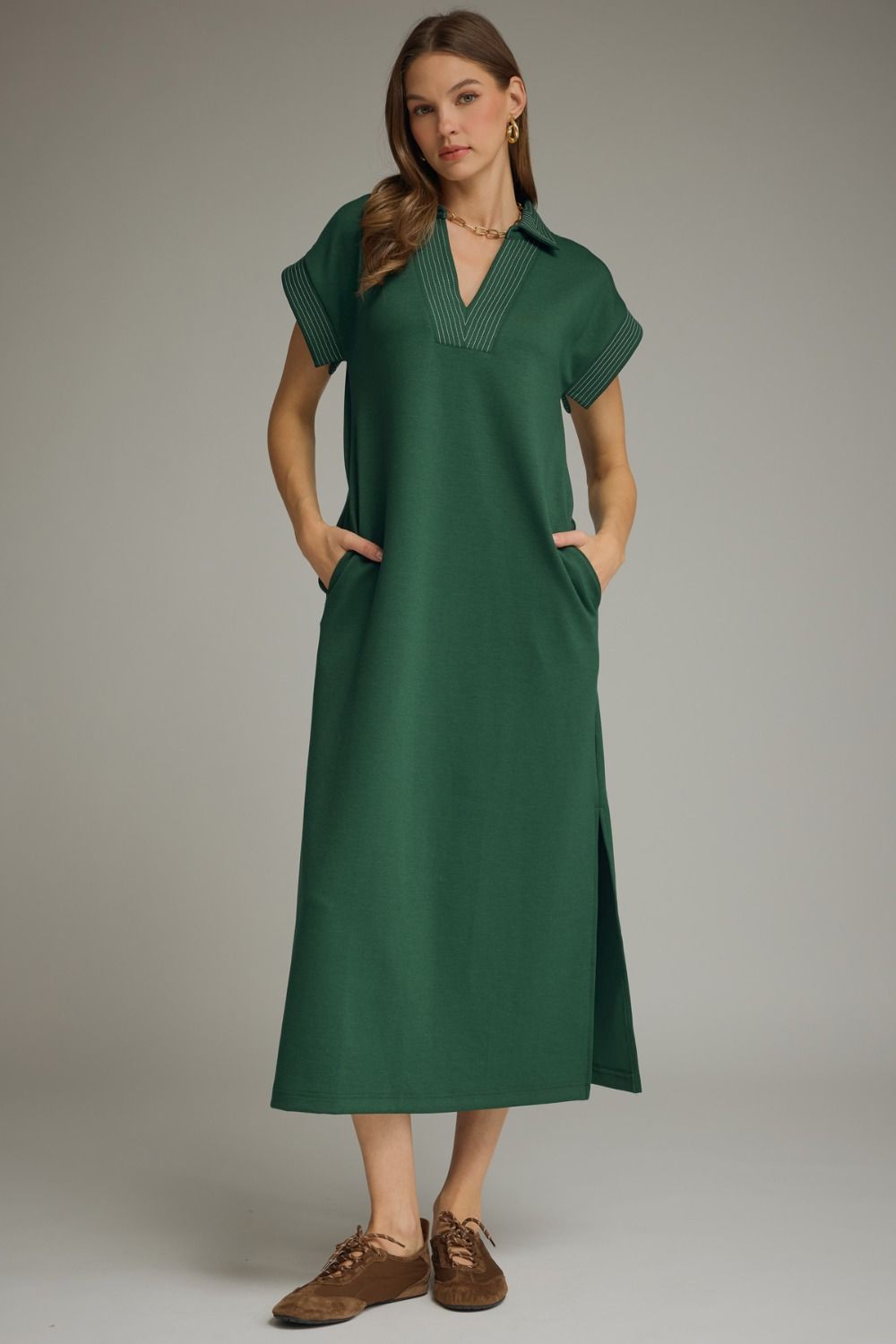 FOREST COLLARED SHORT SLEEVE MIDI DRESS WITH CONTRAST STITCHED PLACKET DETAIL
