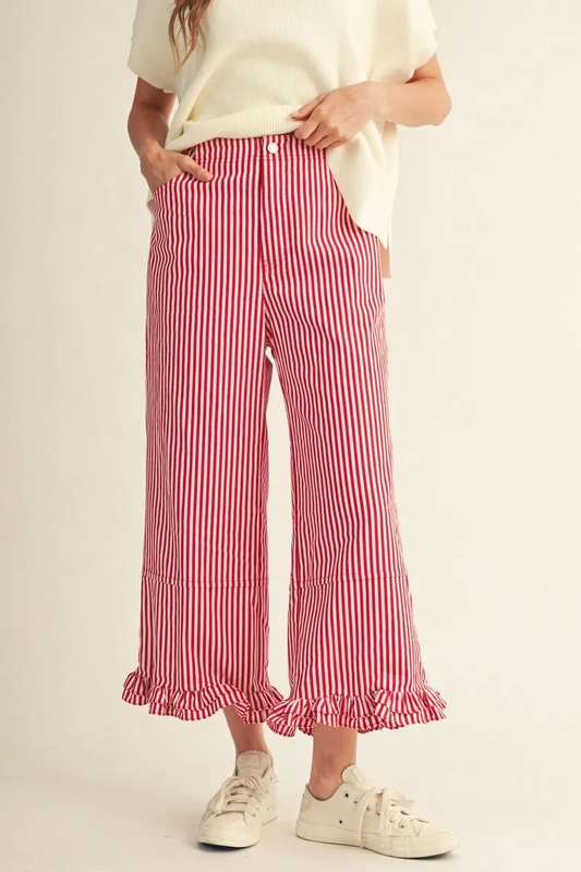 RED STRIPE WIDE LEG PANTS WITH RUFFLE HEM