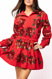 RED POINSETTIA BUTTON UP MOCK NECK TIE SWEATSHIRT DRESS