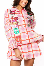 PINK & RED PLAID METALLIC NUTCRACKER COTTON BUTTON UP TOP