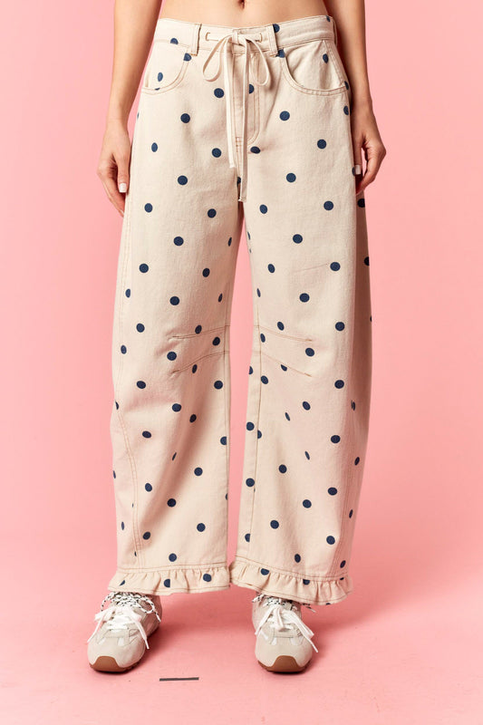 CREAM & NAVY BELTED WAIST RUFFLE HEM POLKA DOT BARREL TWILL PANTS